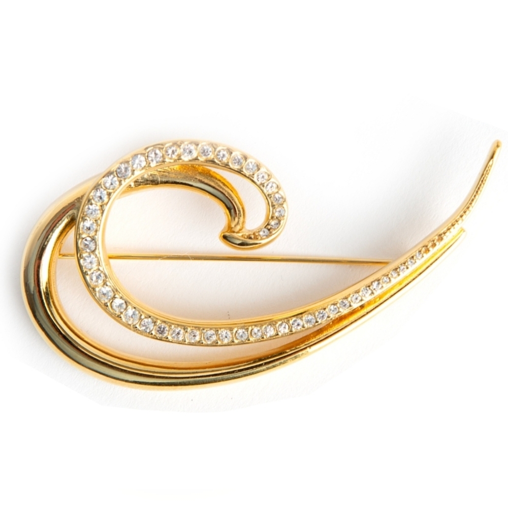 Vtg 80s Givenchy gold  modernist abstract swirl sparkly pave rhinestones brooch